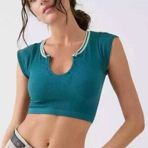 Urban Outfitters Teal Ribbed Crop Top with Striped Trim